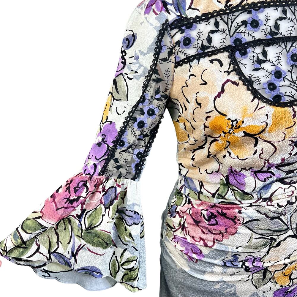 Tracy Reese Womens Size 0 Floral Lace 3/4 Sleeve Ruched Sheath Dress Grey Violet - Picture 7 of 16